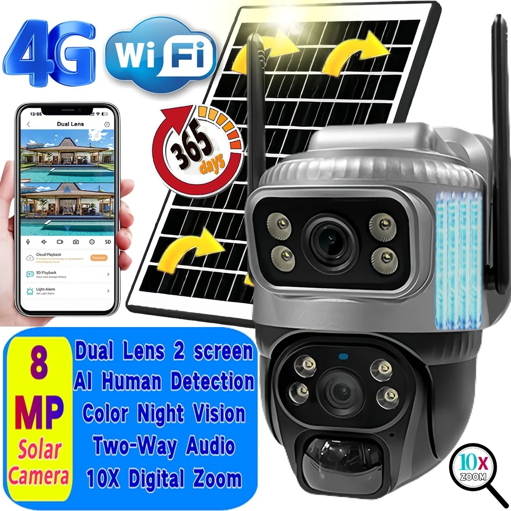 V380PRO Solar Camera 4G Sim 4k 8MP 10X Zoom Dual Lens Recording Humanoid Tracking Outdoor WIFI Camera IP66 Waterproof