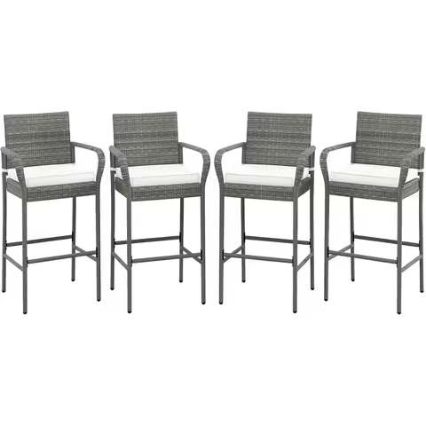 Set of 4 Outdoor Patio Bar Stools with Cushions, Armrests, and Footrests, Durable Rattan Chairs for Backyard, Deck, or Pool, Up