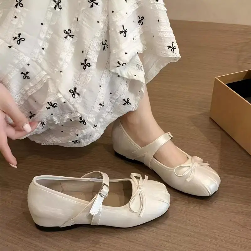 Zapatos de Mary Jane para Mujer Bailarinas con Lazo Retro Lolita Francesa Manoletinas Planas con Correa de Hebilla Calzado de Vestir Vintage Casual Plisado Elegante