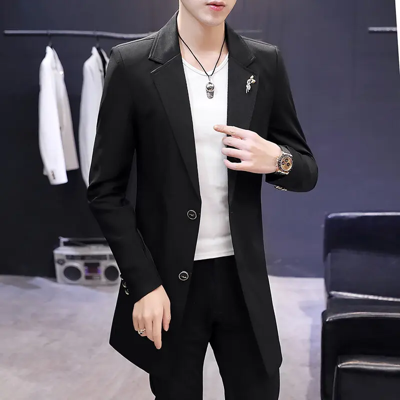 Spring Autumn Men's Long Blazer Korean Slim Casual Business Suit Jacket Trendy Versatile Dress Coats Social Party Men Clothing
