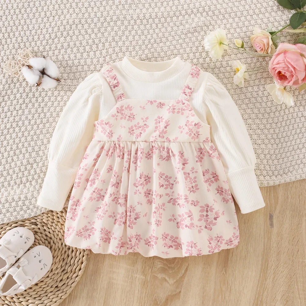 Winter New Girls\' Dress Two-piece Bunny Ears Fluffy Tail Long Sleeve Knitwear Floral Dress (0-3 Years)