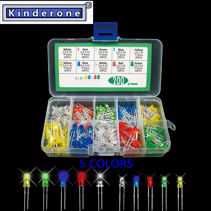 200PCS/LOTS 3MM 5MM LED Diode Kit White Green Red Blue Yellow  F3 F5 Led lamp emitting diodes DIY electronic kit