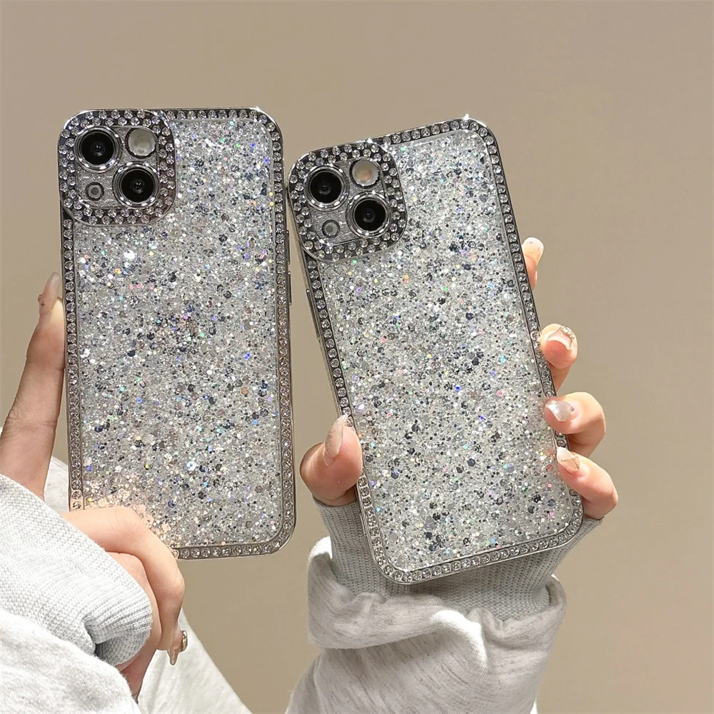 Shiny Rhinestone Shockproof Frame Phone Case For iPhone 16 13 14 15 12 Pro Max 11 Plating Lens Protection Glitter Sequins Cover