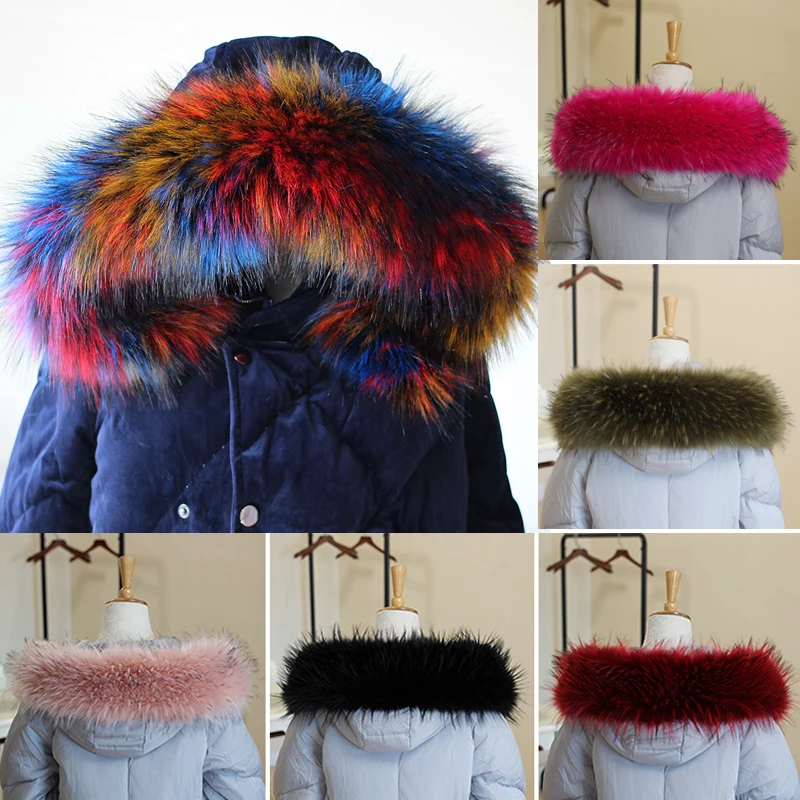 Winter Thicken Warm Faux Fur Collar Multicolor Fake Fur Scarf Down Coat Jacket Hood Fur Trim Decor Fashion Clothes Accessories