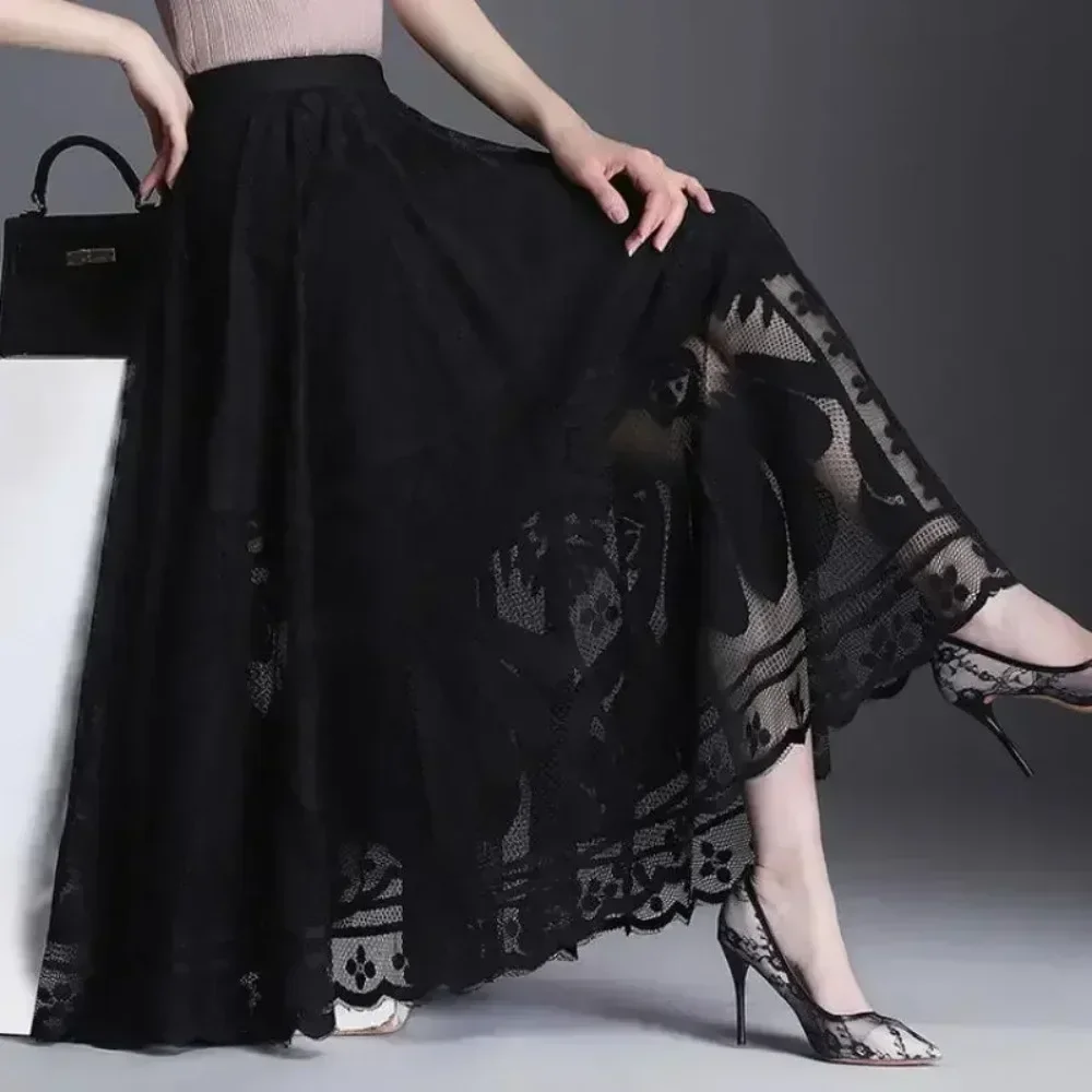 Elegant High Waist Lace Skirt Women'S New A-Word Black Long Skirt Office Ladies Big Swing Gauze Hollow Pleated Skirt Streetwear