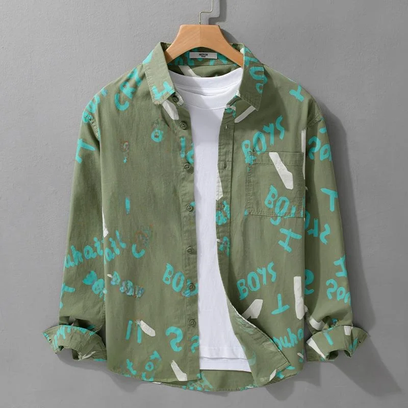 

Men's Long Sve Printed irt Casual Loose Fit Cotton Youth Daily Wear Simple Sle Flip Collar Open Cardigan for Men