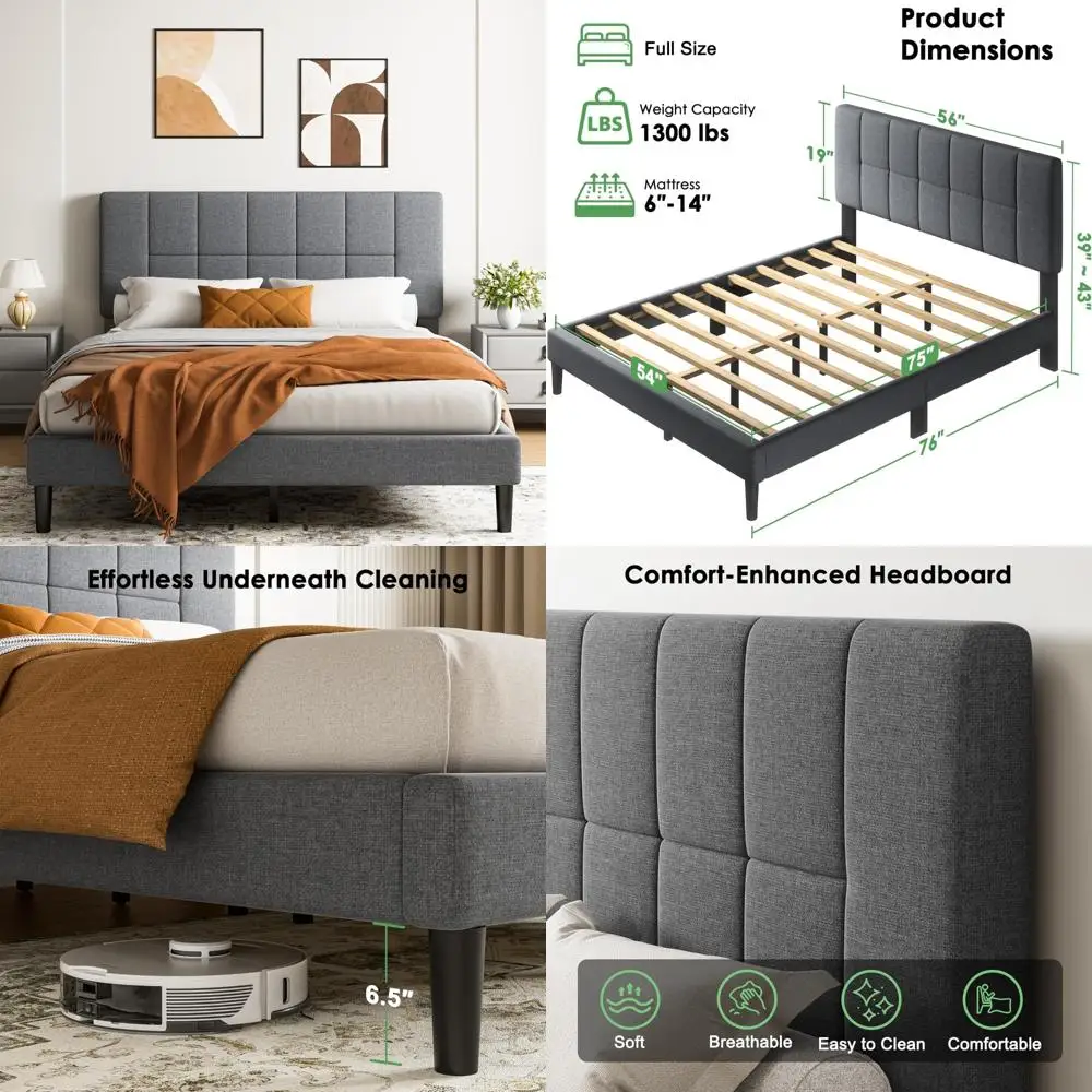 

Full Size Bed Frame with Headboard, Strong and Long-lasting, 12 Support Legs, 1300 lbs Weight Capacity, Solid Wood Upholstery