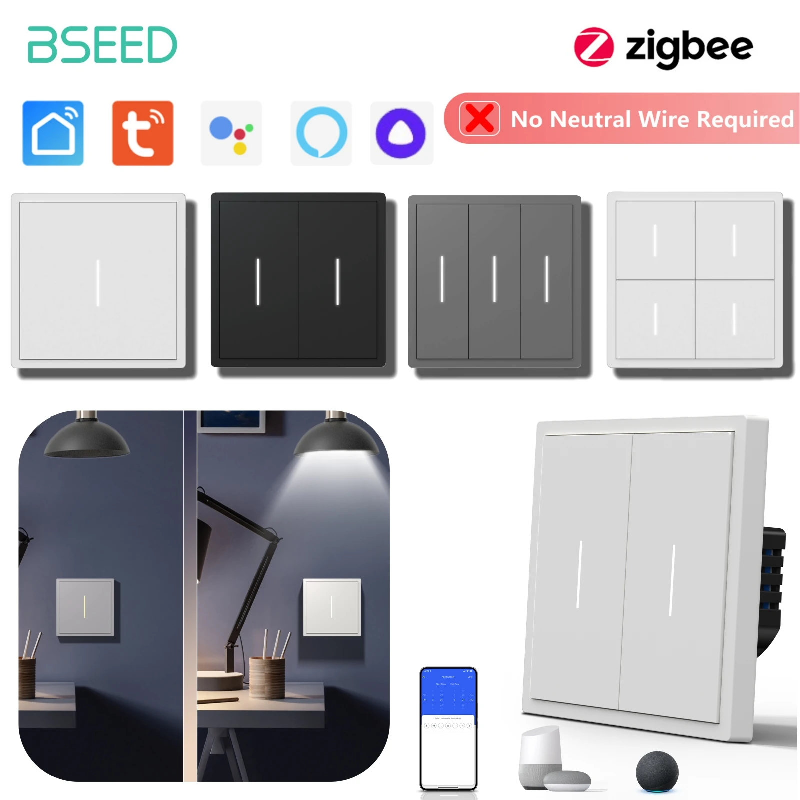 

BSEED ZigBee Switch No Need Neutral Wire Mechanical Large Button Wall Single Live Switch Work for Tuya Google Smart Life Yandex