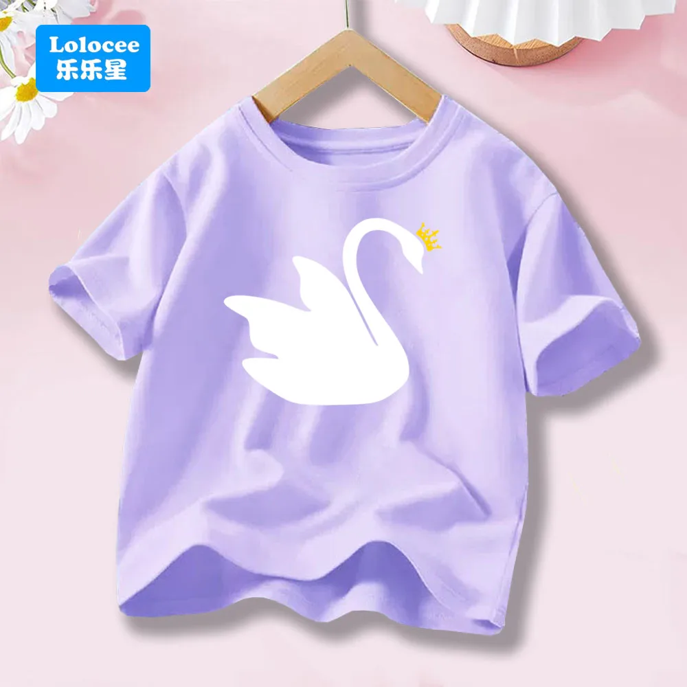 

Elegant Cute Swan Print T Shirt For Girls' Cotton T-shirt Casual Loose Short Sleeve O Neck Tees Swan Animal Tops TE1