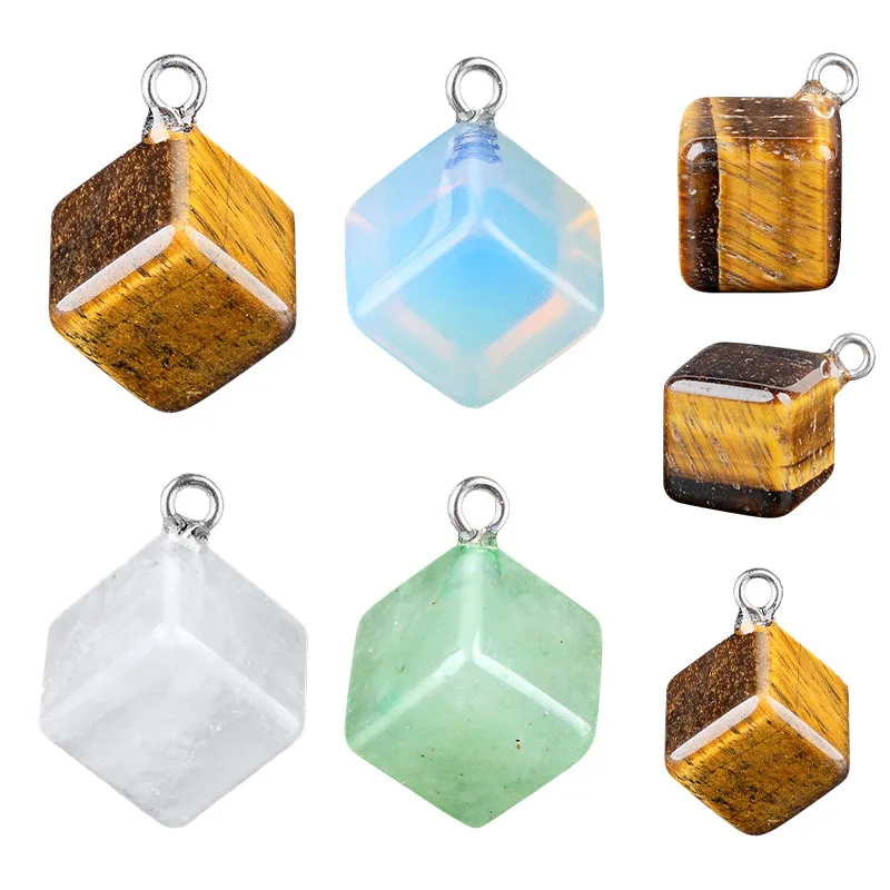 10PCS Natural Stone Square Pendant Cubic Tiger's Eye Opal White Crystal Bead DIY Necklace Earring Accessories