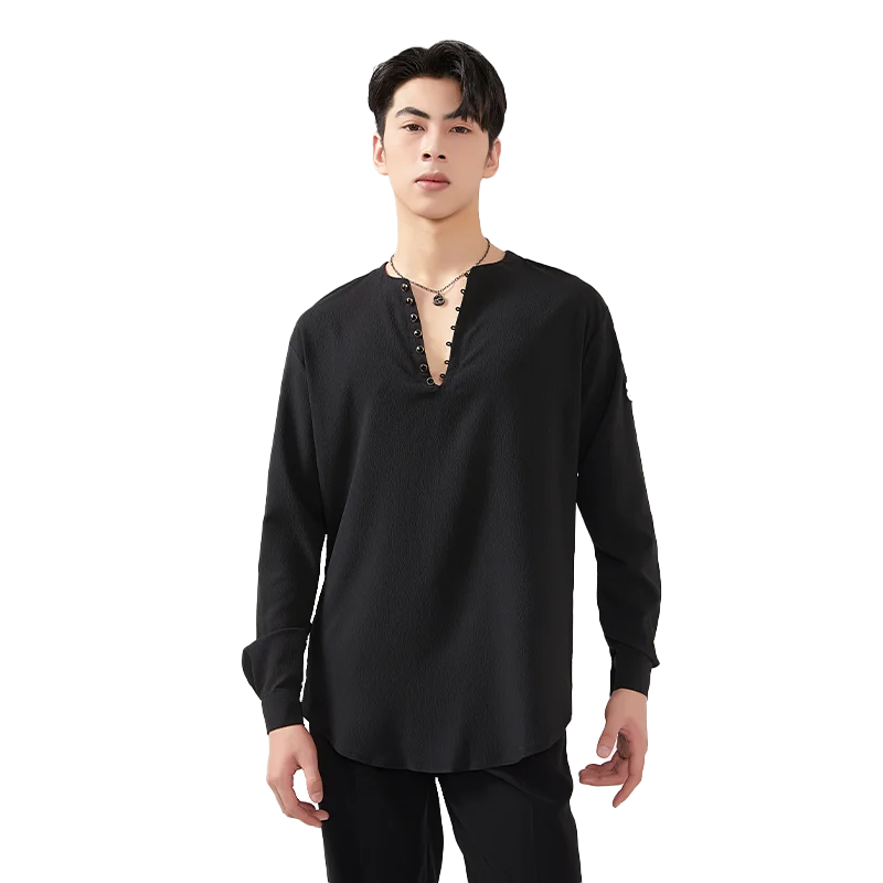 Adult Male Latin Dance Tops V Neck Long Sleeves T Shirt Men Latin Practice Clothing Rumba Cha Cha Ballroom Dance Clothes BL13066