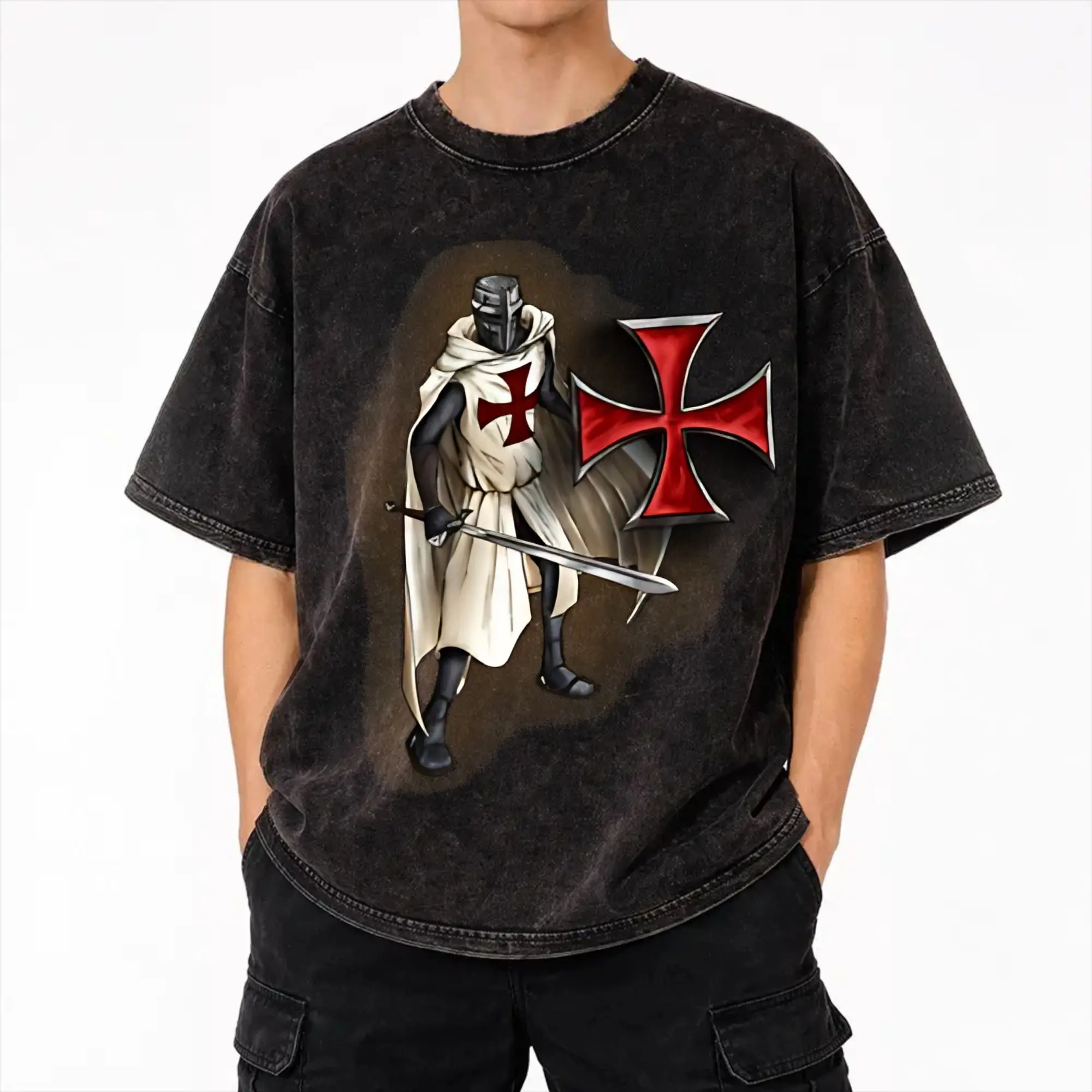 Harajuku Washed Shirt Deus Vult - The Templar Knight Apparel Cool T Shirt Oversize  Streetwear Cotton Printed Tees
