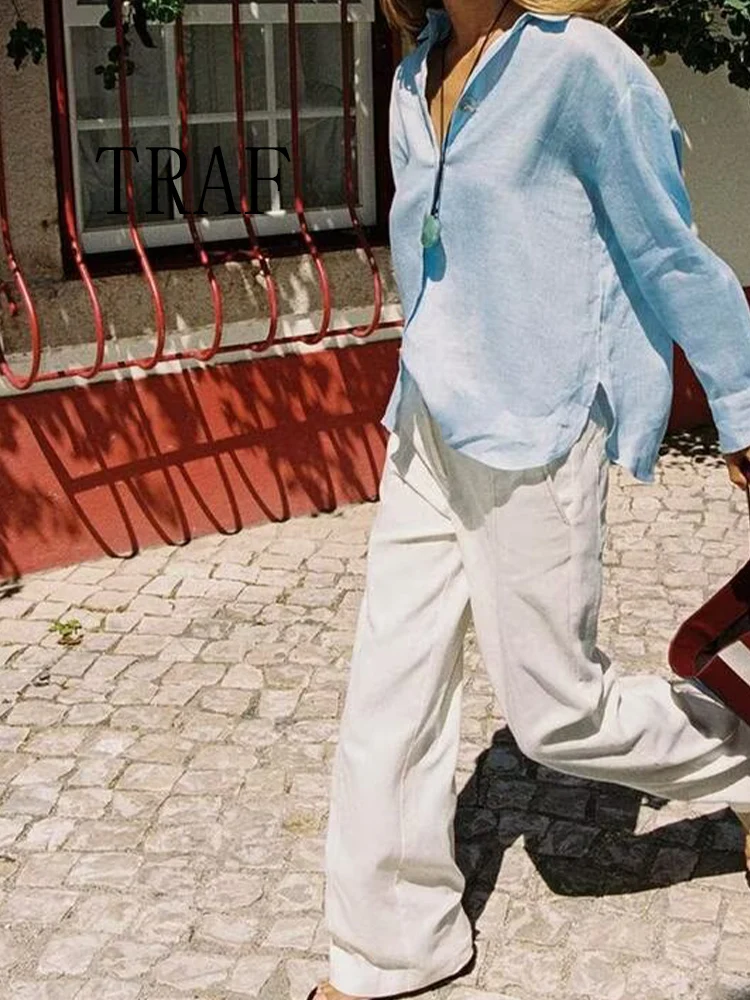 

TRAF European and American style summer new women's loose casual lapel long sleeve stitching button decoration shirt