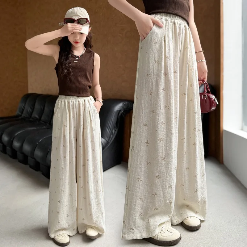 

Children Clothes Girl Pants Summer Breathable Cool Lightweight Bow Print Wide Leg Pants 2026 Daily Wear Comfortable