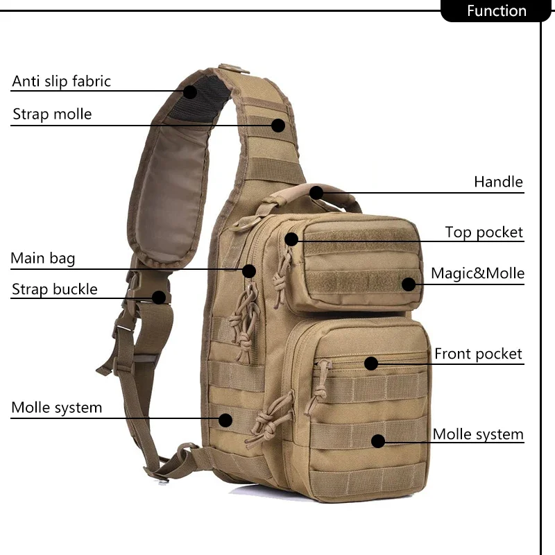 Men\'s EDC Shoulder Bag Sling Pack Crossbody Case Chest Bag Range Use Hiking City Walk School Bag Khaki