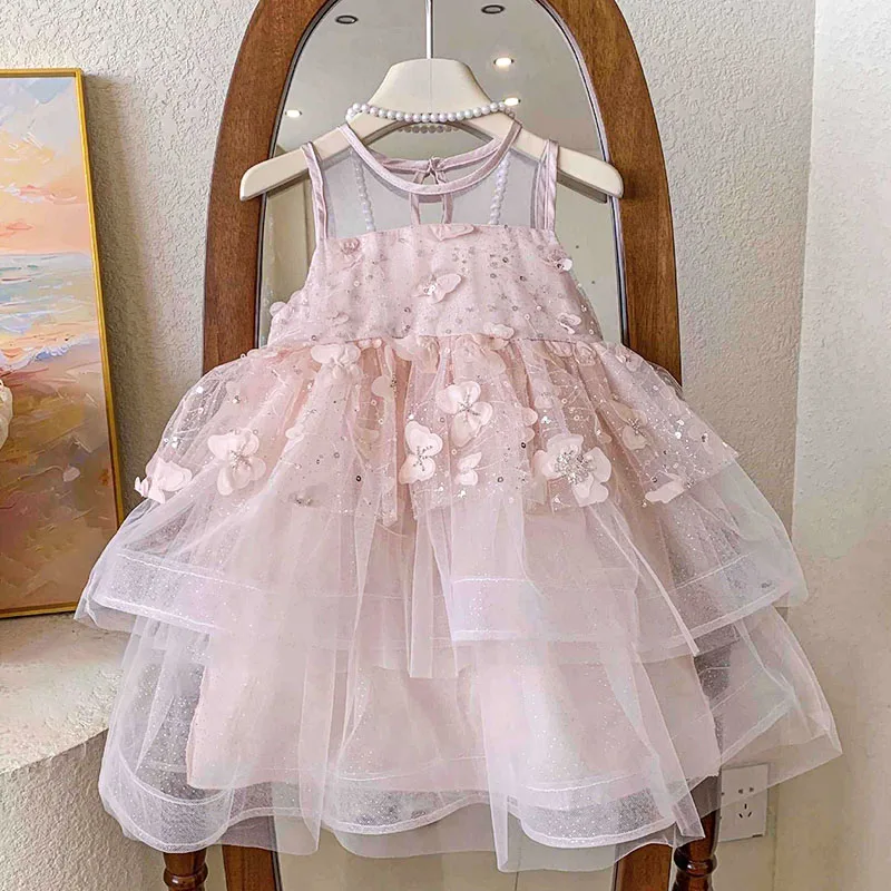

Girls Dresses Korean Version Baby Girl Shining Butterfly Mesh Vest Dress Princess Dress Girls Summer Children's Puffy Skirt Prom