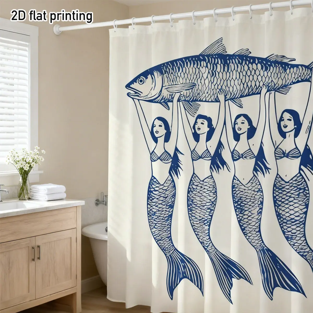 Nautical Sketch Mermaid Shower Curtain, Four Mermaids Lifting Giant Fish Print Waterproof Bath Curtain with Hooks for Family