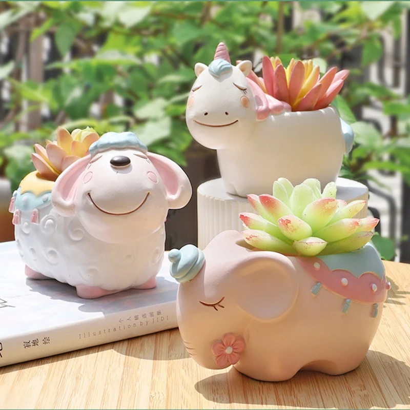 

Small Resin Flower Pot To Decorate for Succulents Plants Planter Bonsai Desktop Decoration Cartoon Animal Elephant Unicorn