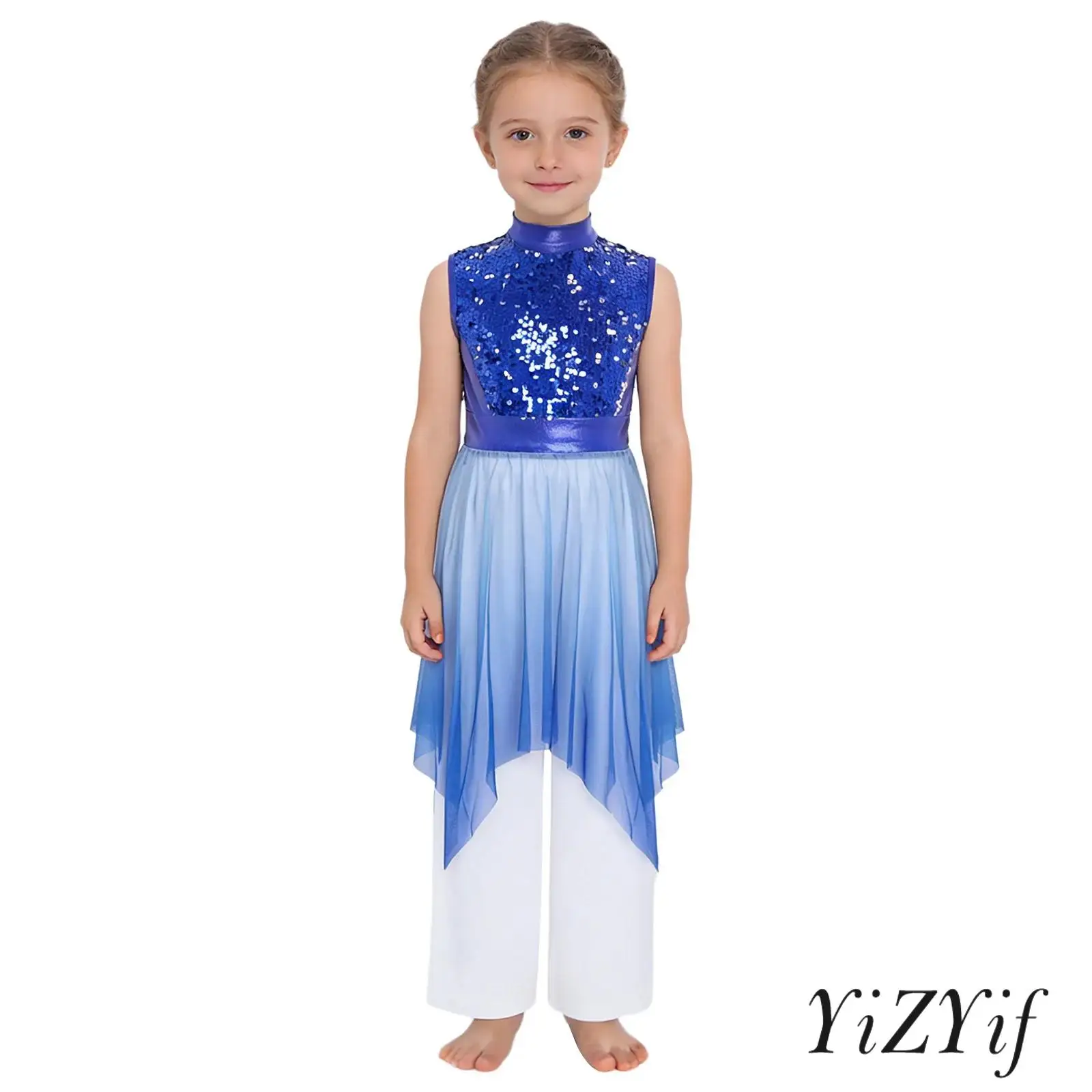 

Kids Girls 2Pcs Praise Worship Dance Outfit Sleeveless Shiny Sequins Bodice Tunic Robe with Long Pants Liturgical Dance Wear