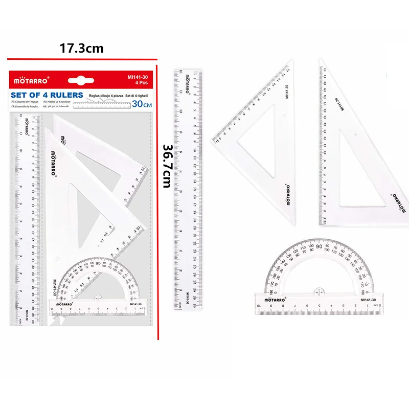 Transparent Geometry Ruler Set, 2 Triangle Rulers + 1 Straight Ruler + 1 Semicircular Protractor, Student Drawing Measuring Tool