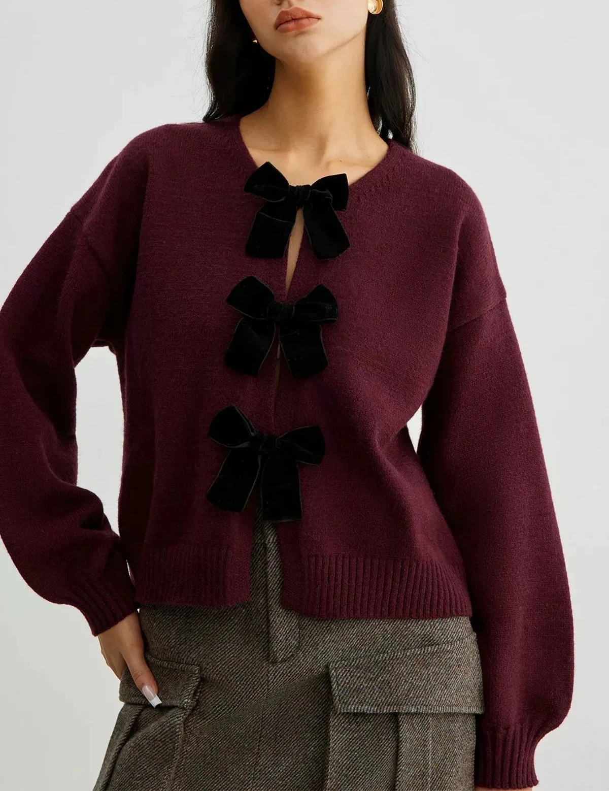 

Autumn Winter Sweet Coquette Women Wine Red Sweaters Cardigan Coat Long Sleeved Bow Knitted Temperament Women Outerwears