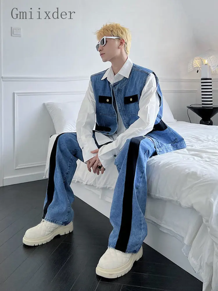 Gmiixder Jeans 2pcs Suit Men Trend Korean Handsome Casual Denim Vest Jacket High Street Jeans Two-piece Suit/Single Streetwear