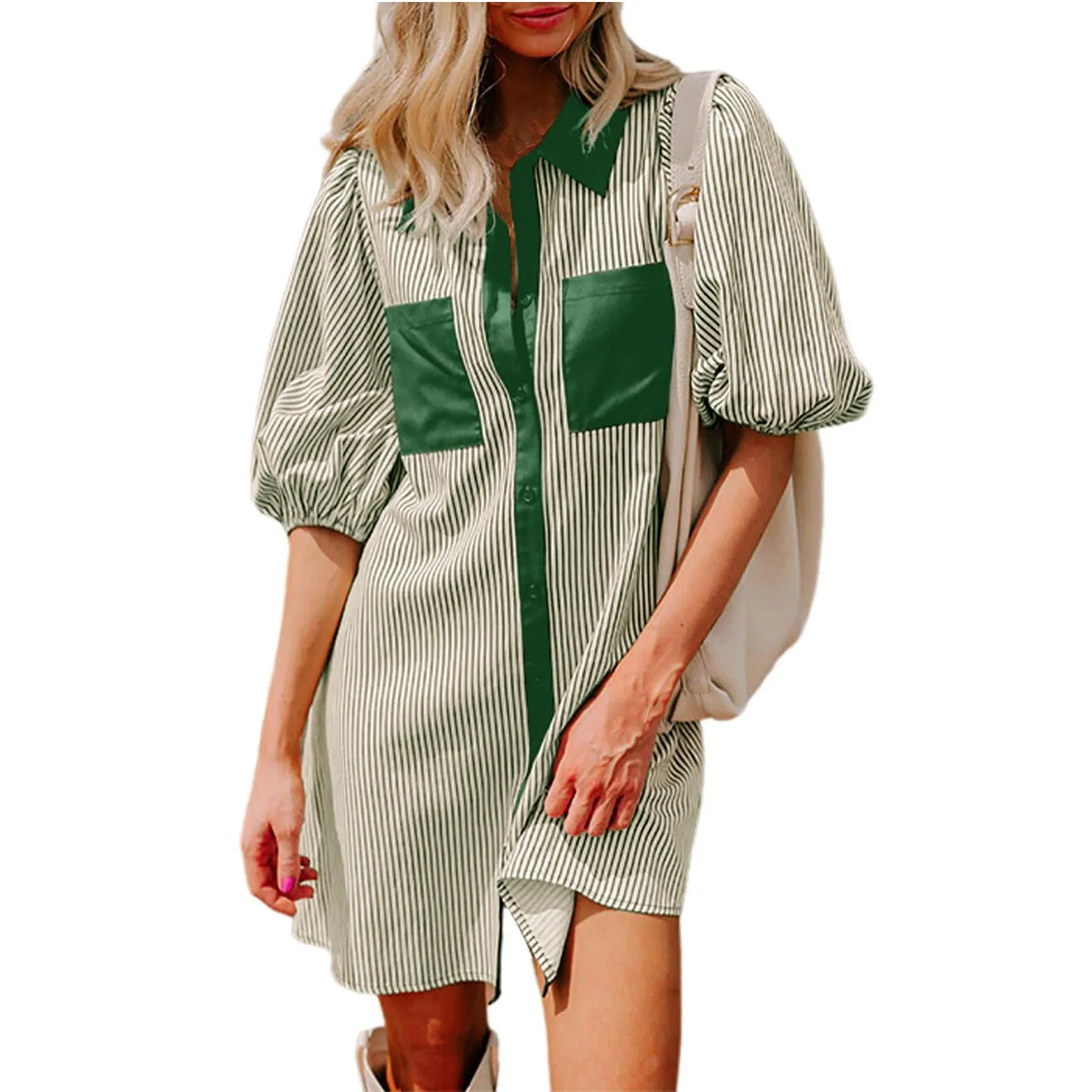 

Women's Fashion Casual Mid Sleeve Cardigan Button Striped Dresses Shirring Single-breasted Summer Office Lady Korean Midi Shirt