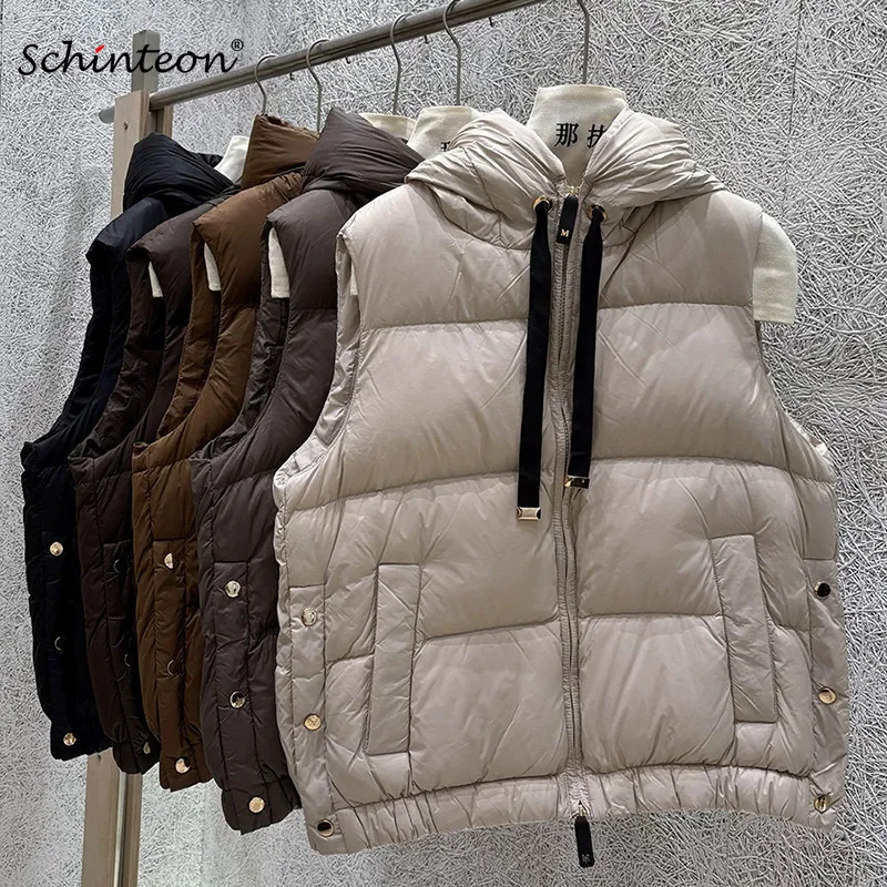 Schinteon Women White Duck Down Vest with Hood Casual Loose Sleeveless Jacket Solid Color Autumn Winter Top Gielt 2026 New
