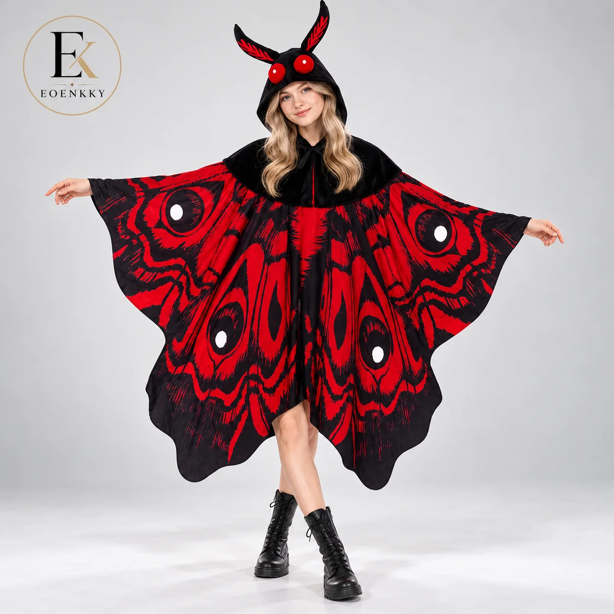 EOENKKY Halloween Mothman Costume Cape for Women Red Black Moth Wings Hooded Cloak Poncho Cosplay Party Outfit