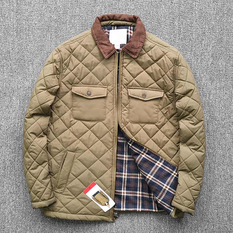 Men's Diamond Check Clamp Cotton Jacket Waterproof With Pocket Cargo Coats Vintage Casual Outerwear Male