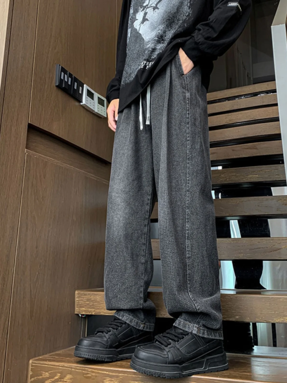 

Loose American Sle Starry Night Denim Jeans Men's Casual Waed out Couple's INS Match Long Pants Straight Leg Loose Fit