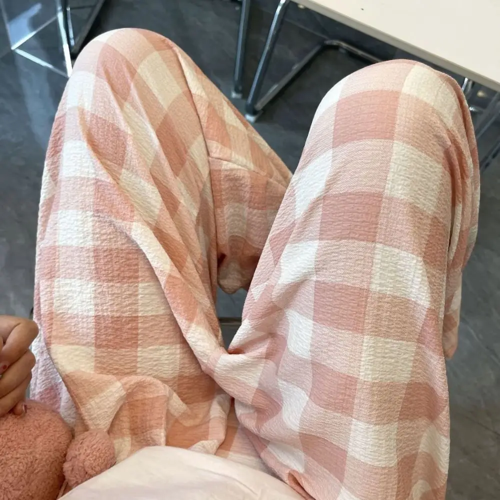 

Sweet Chic Casual Long Pants Women Stripe Loose Plaid Straight Leg Pants High Waist Spring Summer Wide Leg Pants Lady