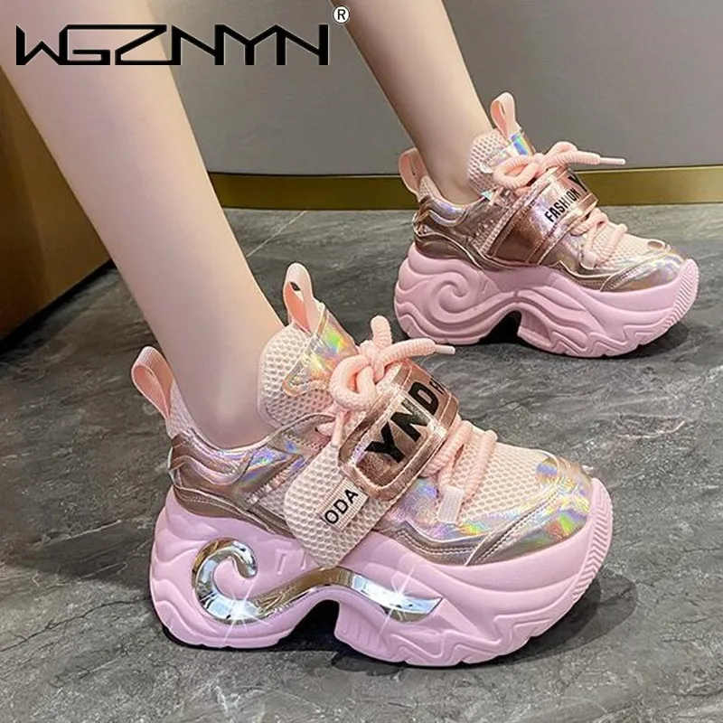 Designer Autumn Sequins Chunky 8cm Platform Sneakers Women Breathable Lace Up Height Increase Shoes Woman Fashion Cute Sneakers