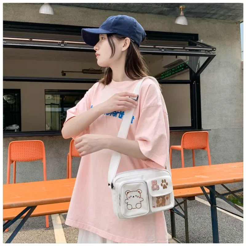 Vintage Japanese Canvas Small Bag with Funny Embroidery Bear Design Transparent Messenger Bag for Students Cute Personality Item