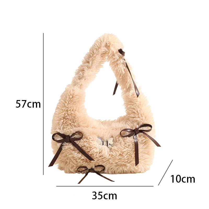 Flauschige Hobo-Schultertasche aus Kunstfell mit Schleife, minimalistische, lässige Handtasche mit Tragegriff für Damen, weiche Plüsch-Pendler-Tragetasche, Herbst/Winter – Detail 1