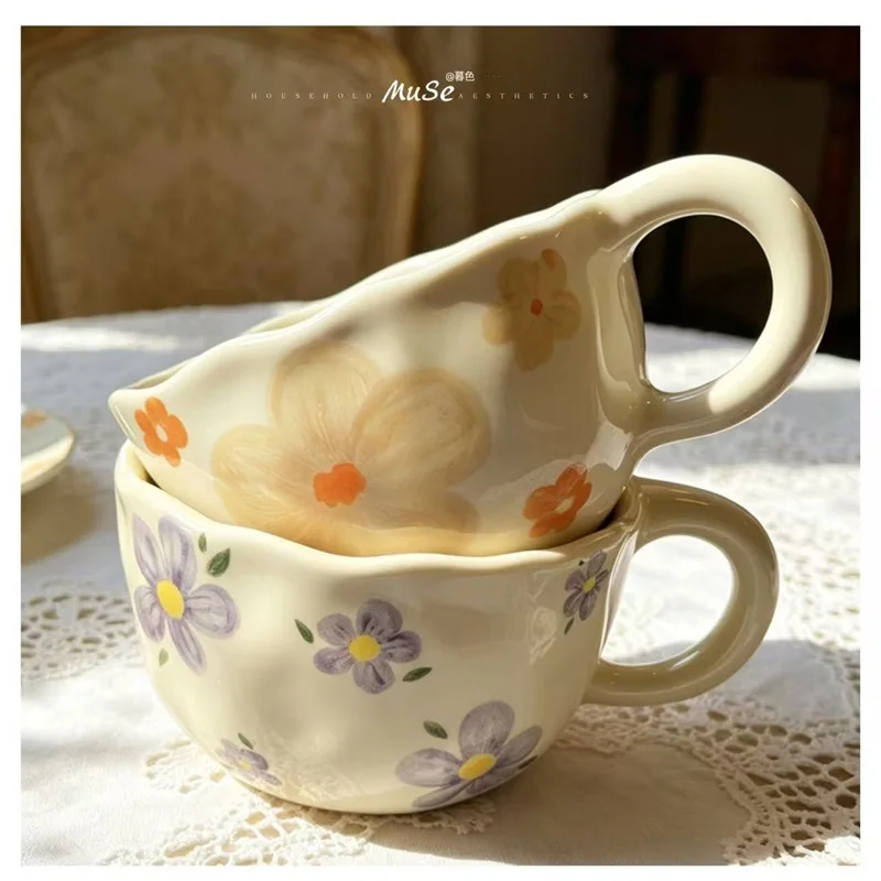

Cute Floral Ceramic Coffee Mug, 350ml Hand-painted Irregular Breakfast Milk Cup, Kawaii Flower Print Ceramic Tea Cup with Handle