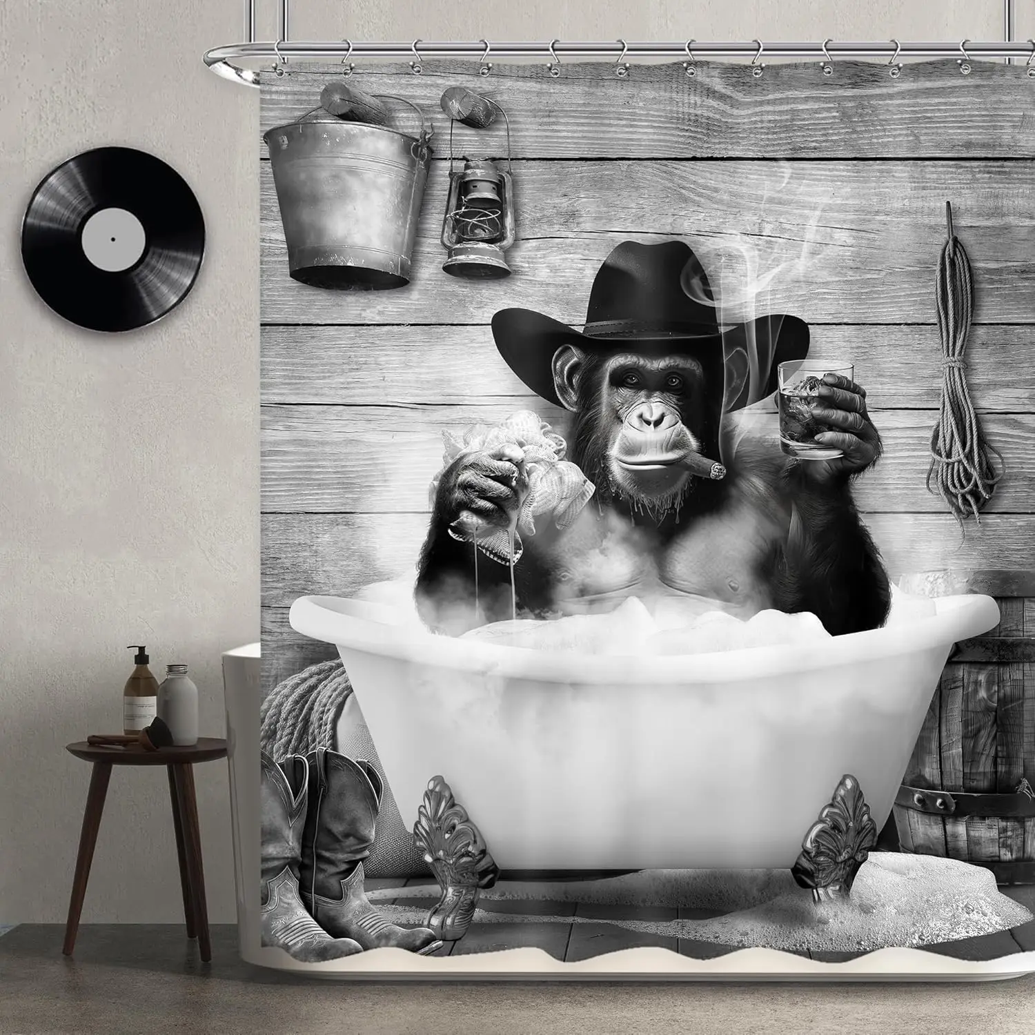 

Занавеска для душа с забавной обезьянкой 60Wx72H дюймов, ковбойский шимпанзе в ванне, черно-белая занавеска для душа с изображением дикой природы, ванная комната