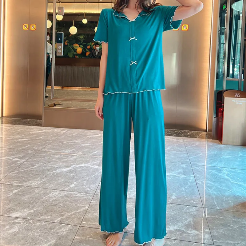 

Fdfklak INS Pajamas For Women Modal Sweet Bow Home Suit Korean Short-Sleeved T-Shirt Loose Wide-Leg Pant Two-Piece Sleep Set