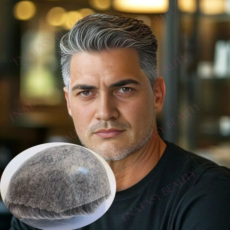 

Natural Hairline Old Man 1B40 1B50 Grey Human Hair Prosthesis System Undetectable Thin PU Base Super Durable Man's Wigs Toupee