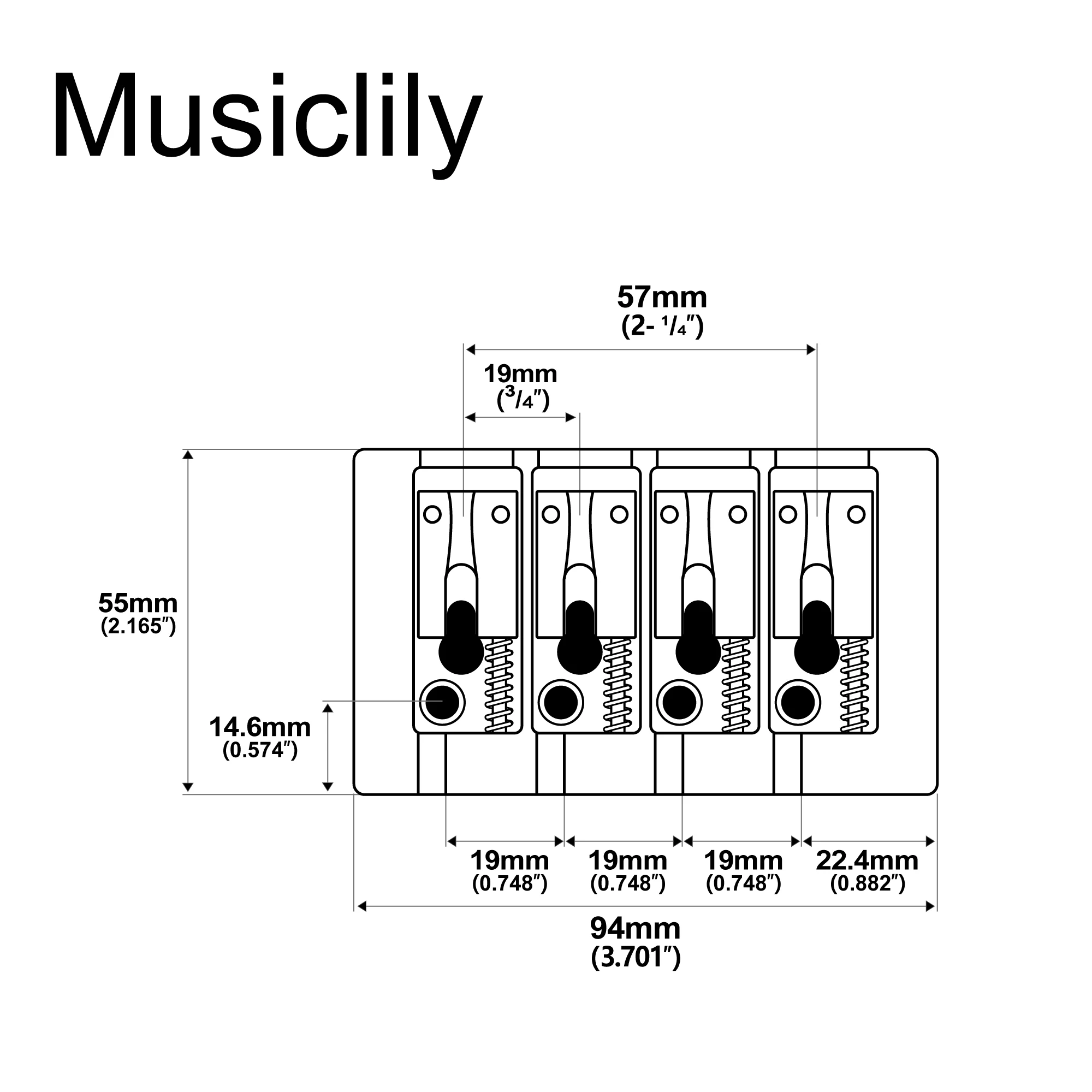 Musiclily Pro 19mm Pre-Radiused Hard Zinc 4-String Bass Bridge, Chrome