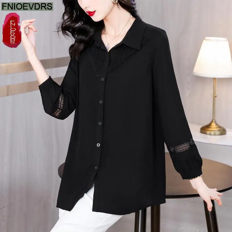 L-6XL Loose Clothes New Spring Summer Hollow Out Tops Women Basic Wear Office Lady Work Solid Black Elegant Button Shirts Blouse