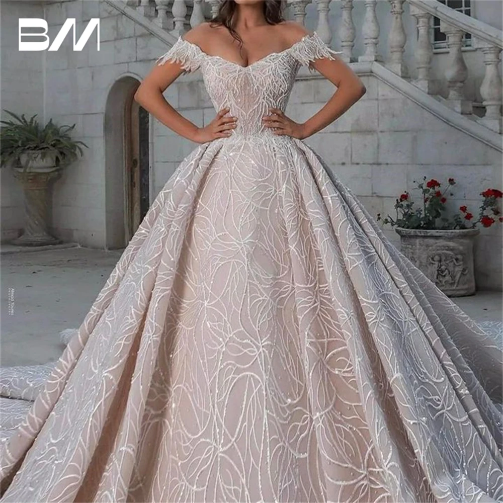 Luxury Ball Gown Wedding Dress Off The Shoulder Champagne Lining Corset Bride Dresses Tailored Women Bridal Gown Robe De Mariee