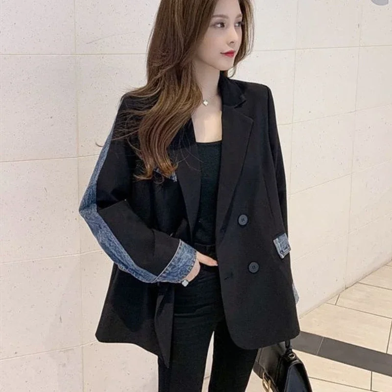 Women Spring Autumn Contrast Color Blue Black Denim Blazers Coat Turn Down Collar OL Jeans Suit Jacket Long Sleeve Outwear Tops