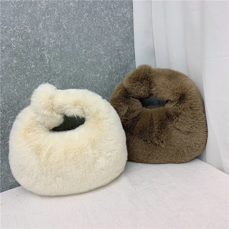 Winter Faux Fur Bag Design Women's Knotted Plush Bag Simple Solid Color Clutch Bag Soft Fluffy Zipper Hobo Bag with Short Handle