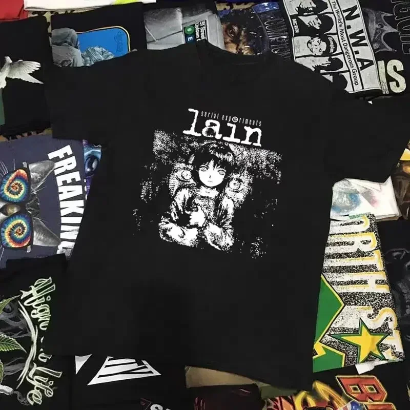 26 anime experimentos seriais lain impressão gráfica t camisa iwakura mangá menina ficção científica manga curta moda oversized t camisa masculina