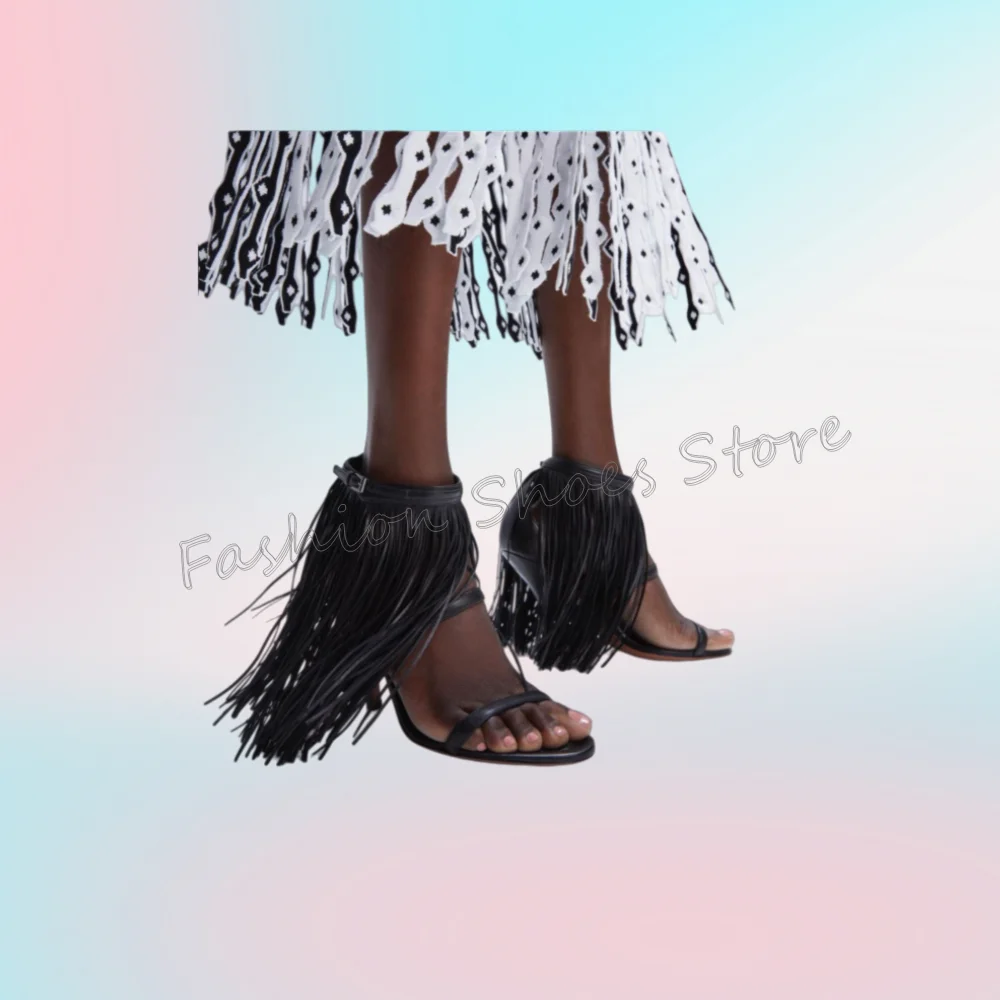 

Black Tassels Decor Round Toe Sandals Open Toe Women Shoes Stilettos High Heels Party Banquet Dating 2025 Zapatos Para Mujere
