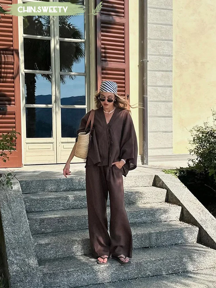 

Solid Casual Cotton Linen Set Women's Loose V-neck Long Sleeved Wide Leg Pants Two-piece Suit 2025 New Summer Holiday Streetwear