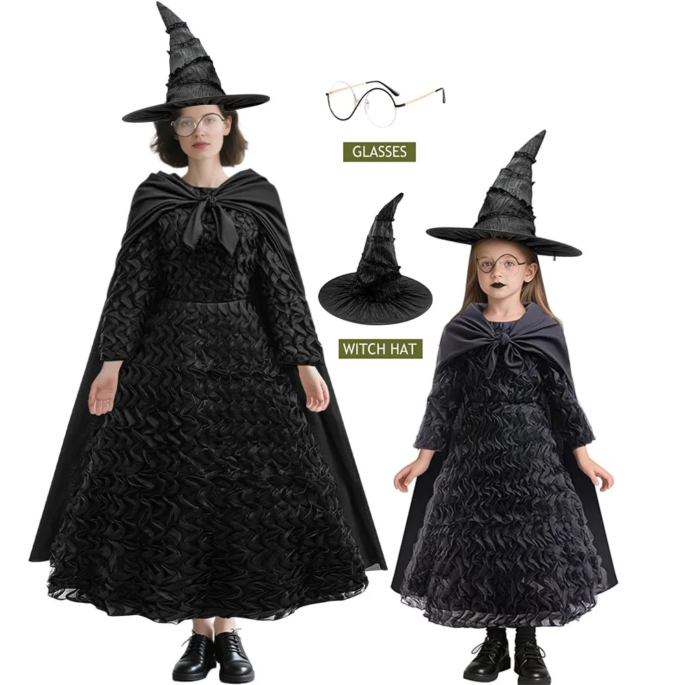 女の子用ハロウィン仮装ドレス、家族お揃いコーデ、ママと私ドレス、女性用ウィッカーコスチューム、ケープ、帽子、メガネ、パーティードレス