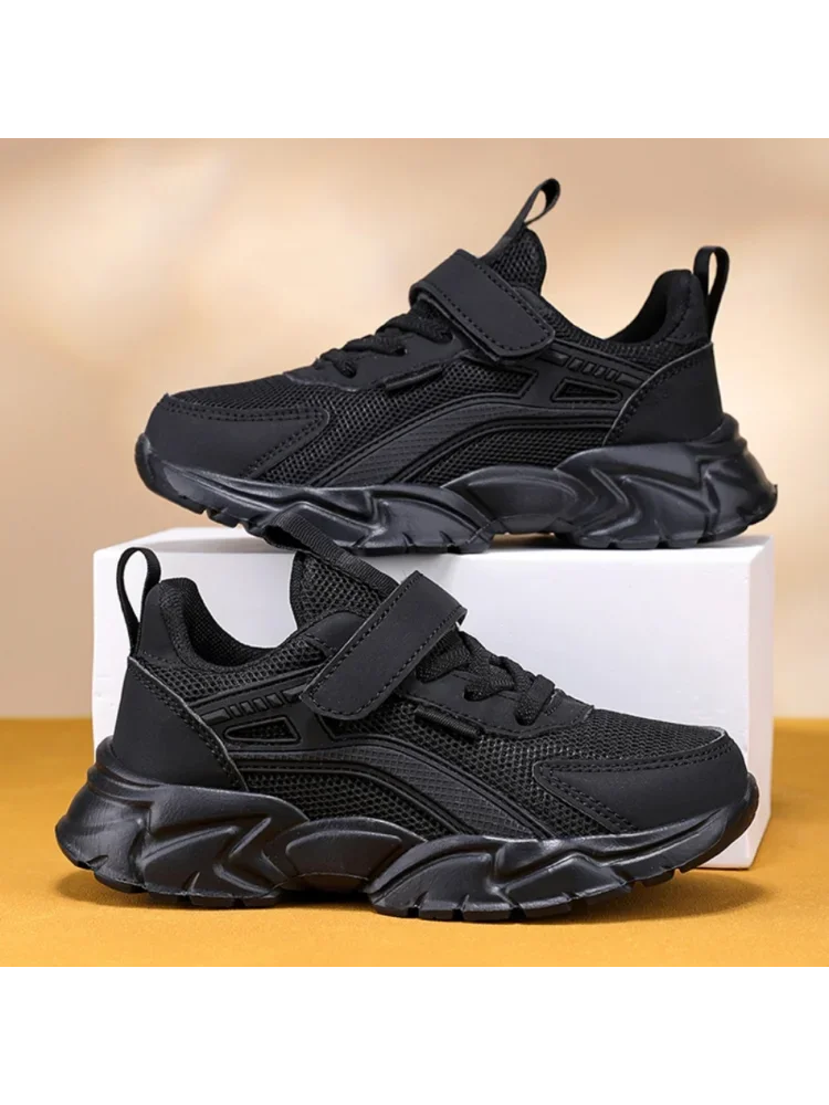 Baskets noires légères pour enfants, chaussures de marche décontractées en maille respirante pour garçons et filles, chaussures de course d'école antidérapantes