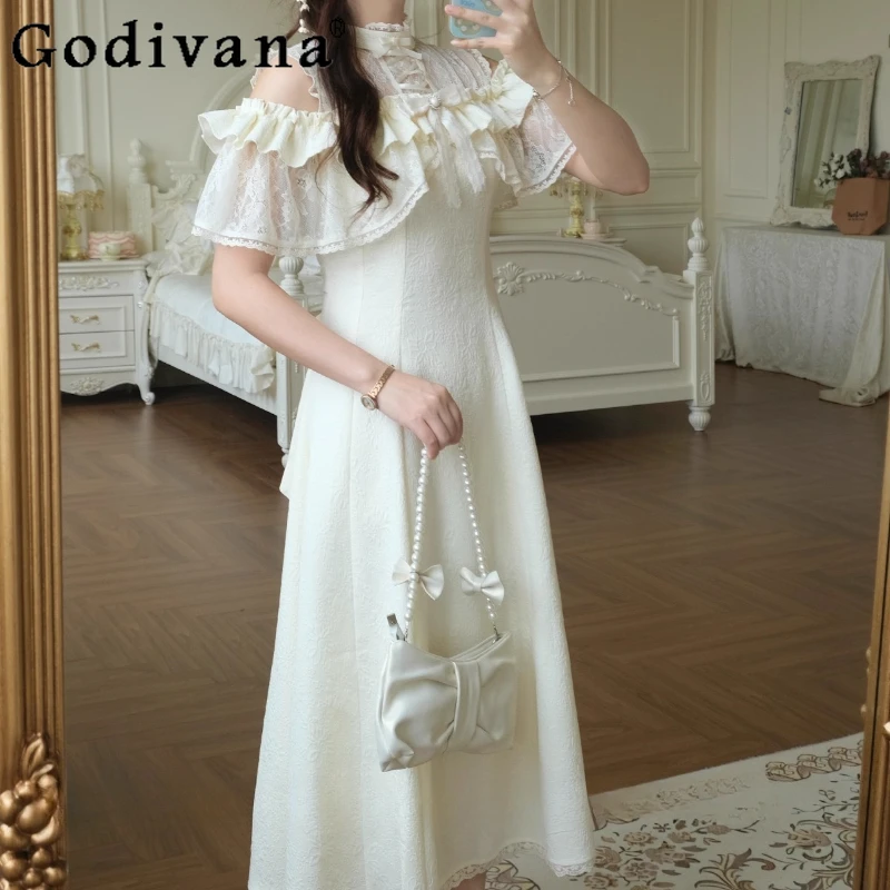 Vestido elegante estilo japonês para mulheres, ombro de fora, gravata transparente, longo, lolita, verão, laço, vestido de princesa